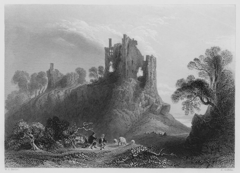Carrigogunnell Castle, nær Limerick (gravering) av William Henry (after) Bartlett