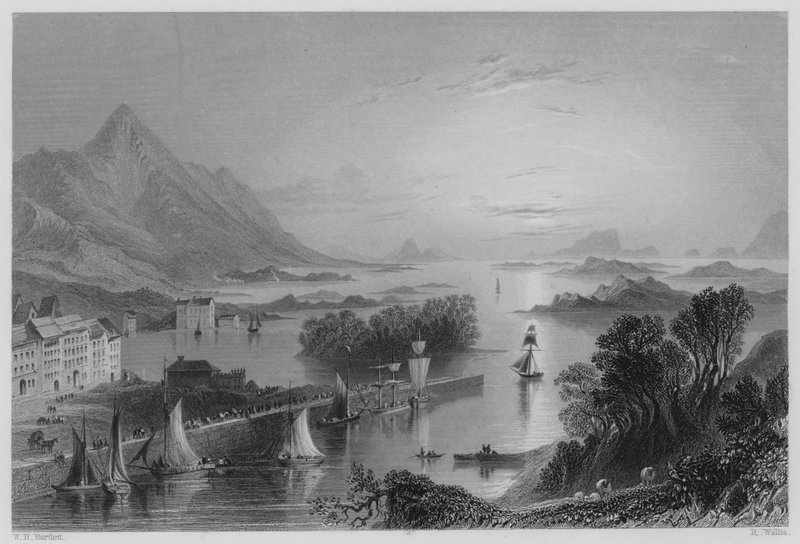Clew Bay, fra Westport (gravering) av William Henry (after) Bartlett
