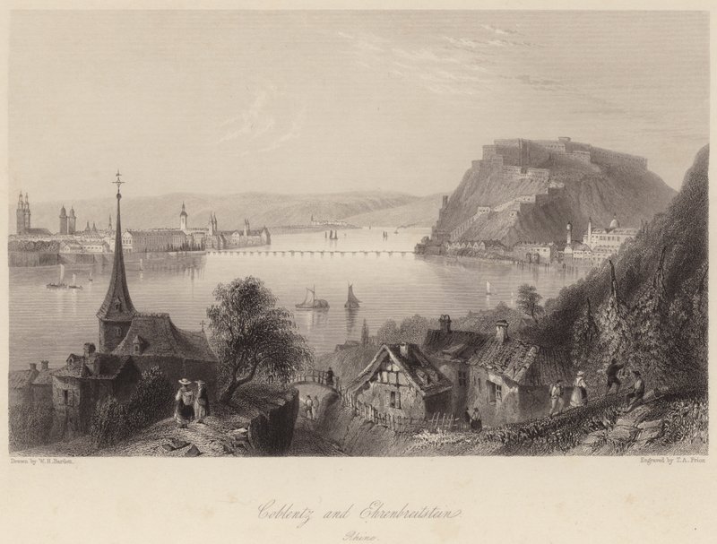 Coblentz og Ehrenbreitstein (gravering) av William Henry (after) Bartlett