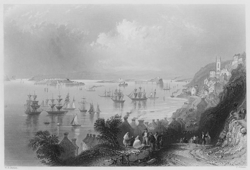 Cove Harbour, i Queenstown Harbor (gravering) av William Henry (after) Bartlett