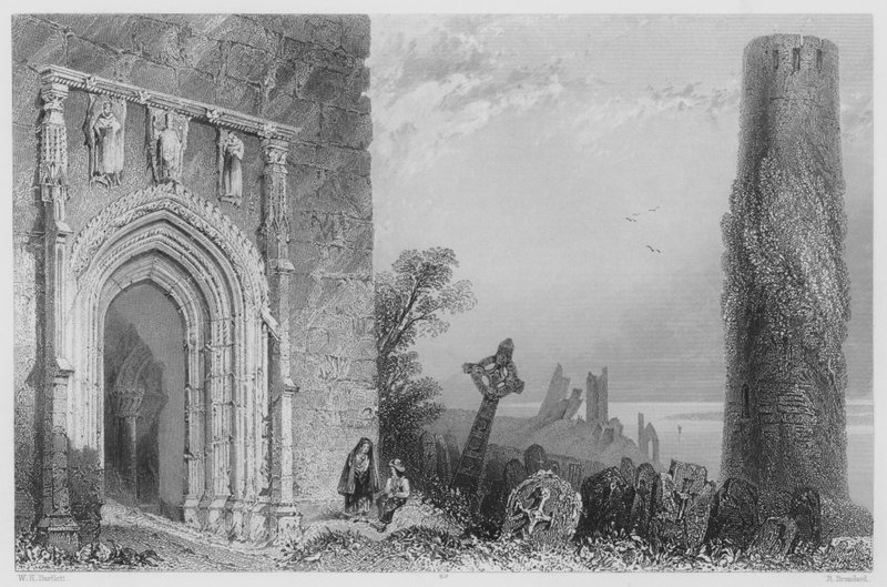 Inngangsdøråpning til Temple Mc Durmot, Clonmacnoise (gravering) av William Henry (after) Bartlett