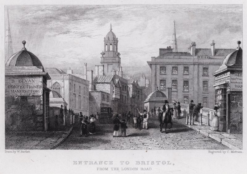 Inngang til Bristol, fra London Road (gravering) av William Henry (after) Bartlett