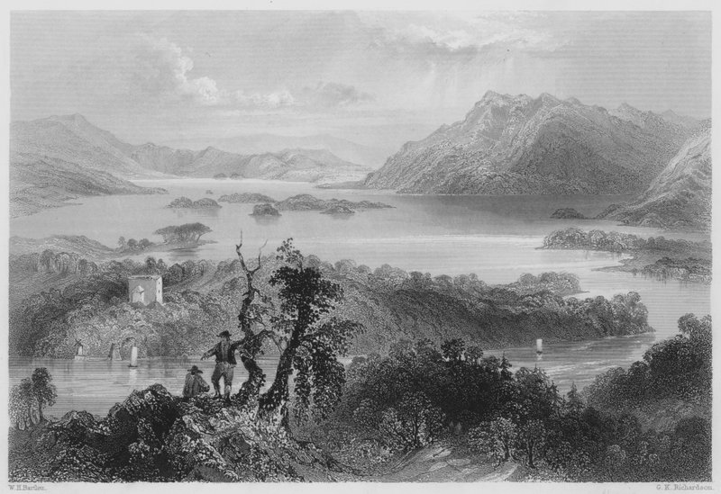 Hazlewood og Lough Gill, Sligo (gravering) av William Henry (after) Bartlett