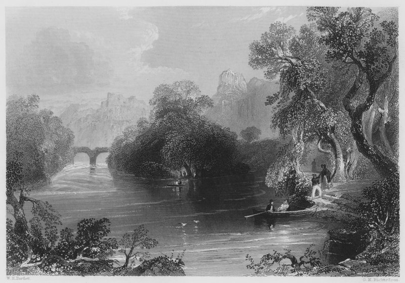 Old Weir Bridge, Killarney (gravering) av William Henry (after) Bartlett