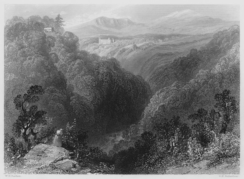 Powerscourt fra Dargle, County Wicklow (gravering) av William Henry (after) Bartlett