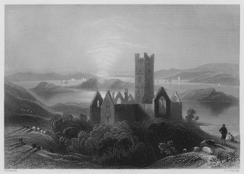 Roserk Abbey (gravering) av William Henry (after) Bartlett