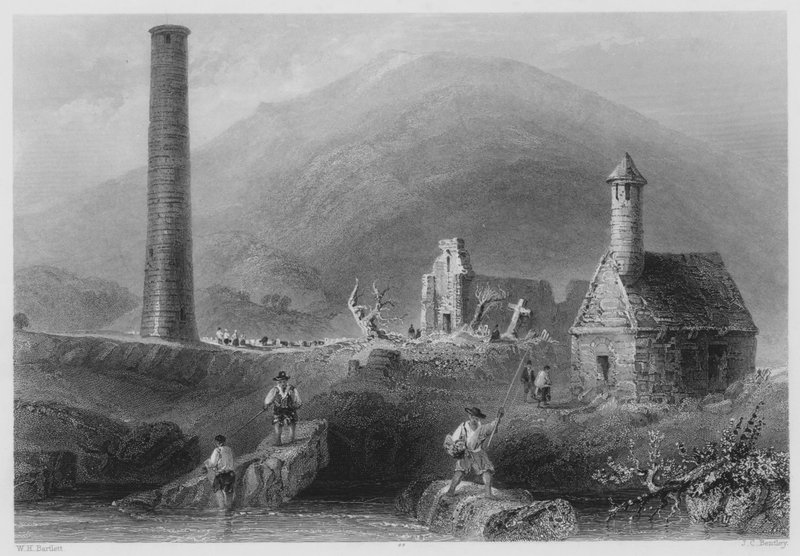 Round Tower, etc, Glendalough, County Wicklow (gravering) av William Henry (after) Bartlett