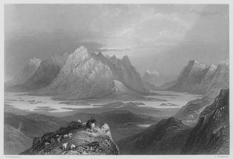 Scene fra Cloonacartin Hill, Connemara (gravering) av William Henry (after) Bartlett