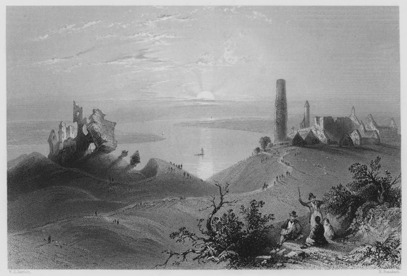 Seven Churches of Clonmacnoise, på Shannon (gravering) av William Henry (after) Bartlett