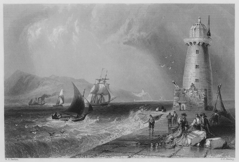South-wall fyrtårn, med Howth-bakken i det fjerne (gravering) av William Henry (after) Bartlett