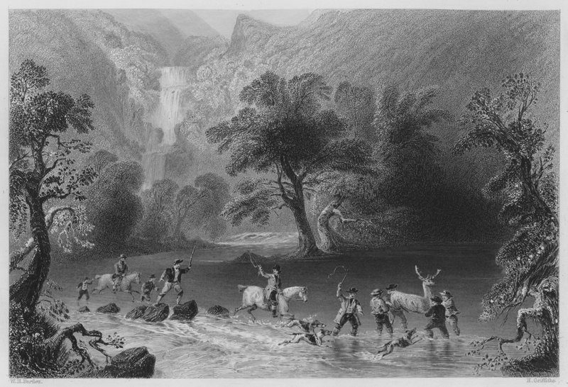 Å ta en hjort, nær Derrycunnihy Cascade, Killarney (gravering) av William Henry (after) Bartlett
