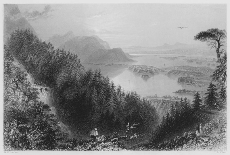 The Lower and Torc Lakes, Killarney, fra Torc Waterfall (gravering) av William Henry (after) Bartlett