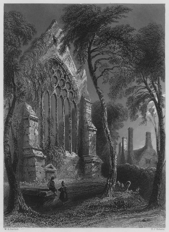 Youghall Abbey, residensen til Sir Walter Raleigh (gravering) av William Henry (after) Bartlett