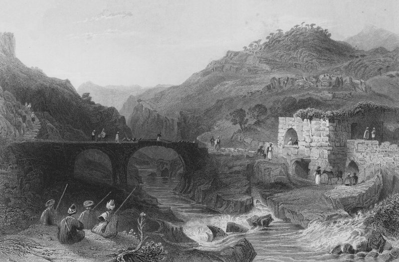 En Khan, eller Inn, på Damour, Libanon, mellom Betadine og Beirut av William Henry Bartlett