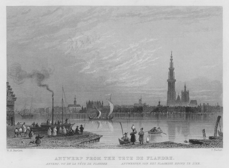 Antwerpen fra Tete De Flandre (gravering) av William Henry Bartlett