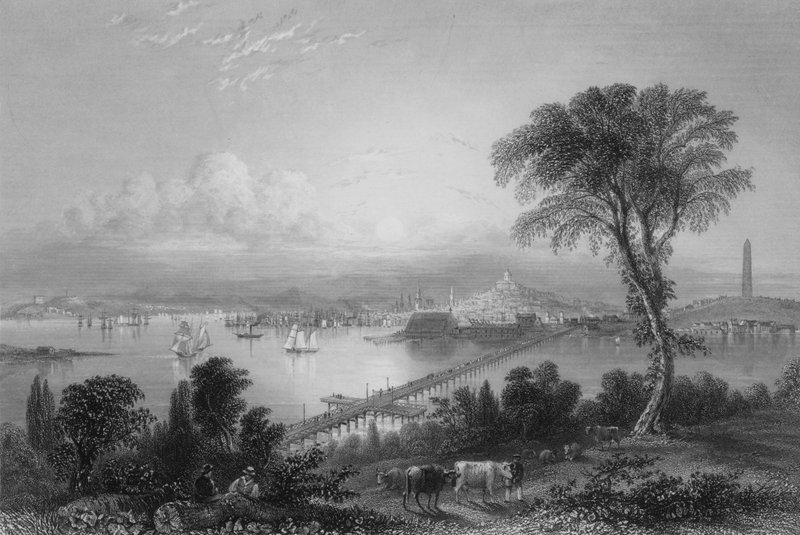 Boston og Bunker Hill (fra øst) (gravering) av William Henry Bartlett