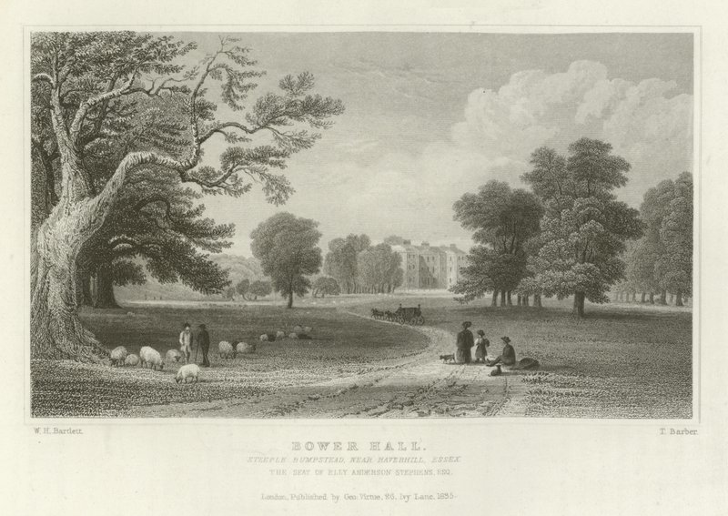 Bower Hall, Steeple Bumpstead, nær Haverhill, Essex, setet til Elly Anderson Stephens, Esquire av William Henry Bartlett