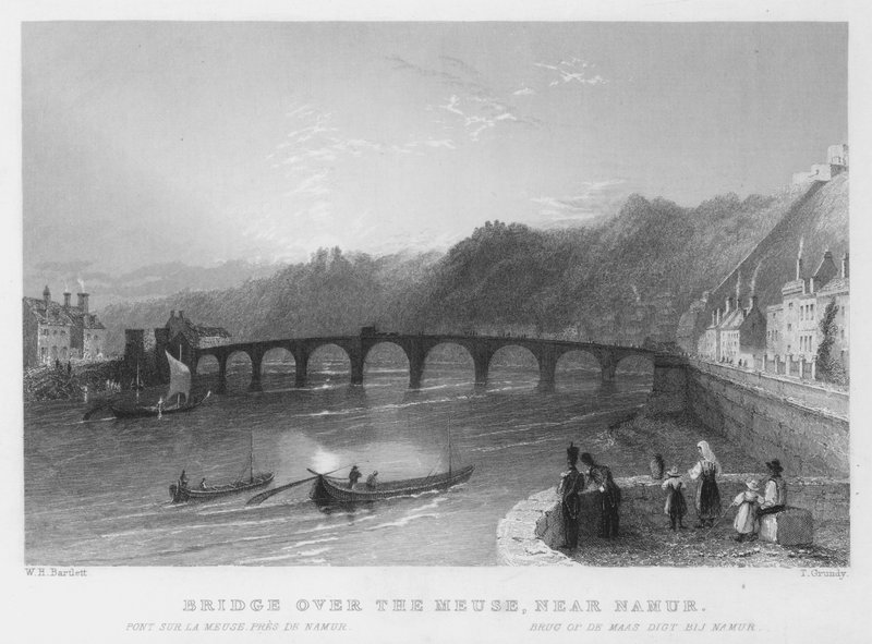 Bro over Meuse, nær Namur (gravering) av William Henry Bartlett