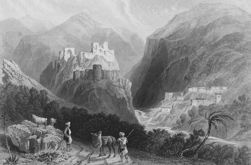 Slott i Mount Amana, nær Khan Karamont av William Henry Bartlett