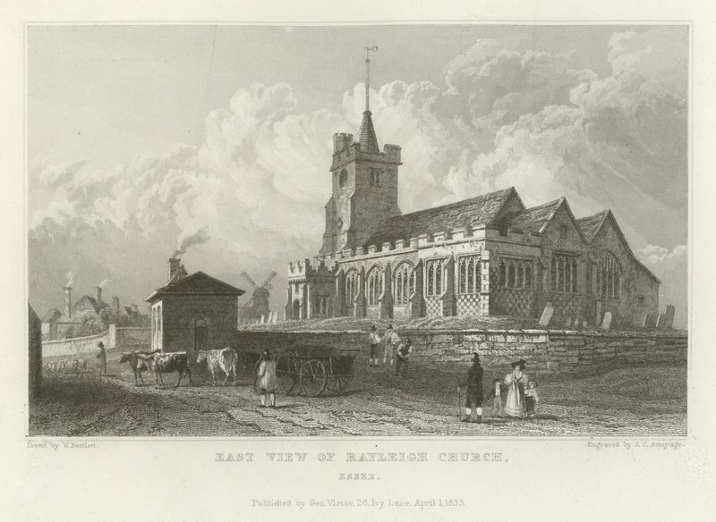 Østutsikt over Rayleigh Church, Essex av William Henry Bartlett