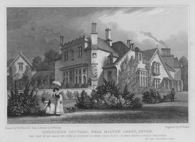 Endsleigh Cottage, nær Milton Abbot, Devon (gravering) av William Henry Bartlett