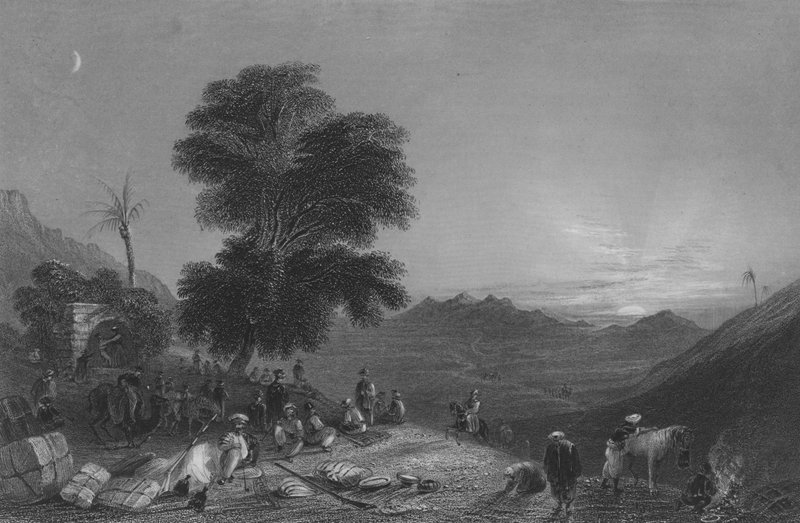 Stopp av en karavane i Girgola-ørkenen, nær Mount Amanus av William Henry Bartlett