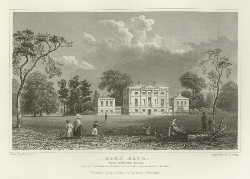 Hare Hall, nær Romford, Essex, Seat of J Western, Esquire av William Henry Bartlett