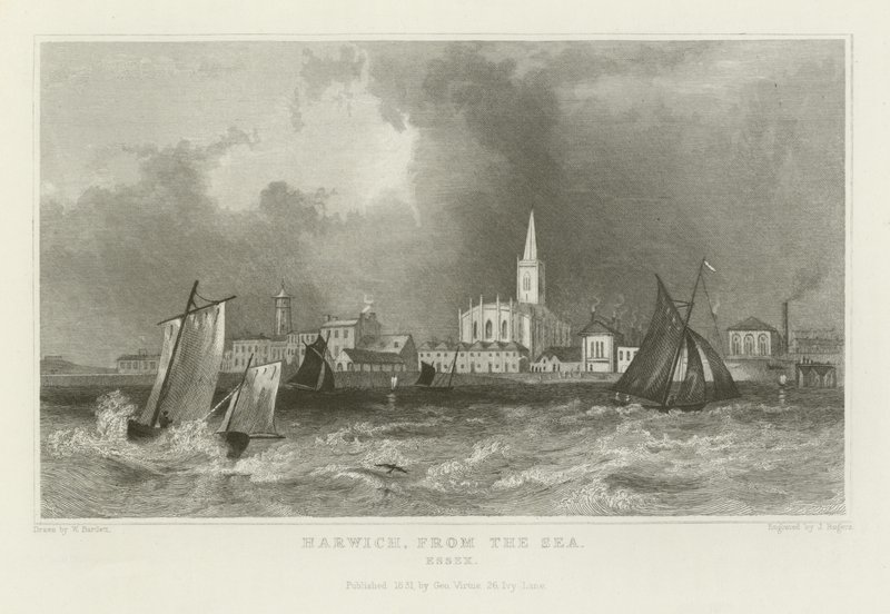 Harwich, fra havet, Essex av William Henry Bartlett