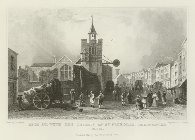 High Street med Church of St Nicholas, Colchester, Essex av William Henry Bartlett