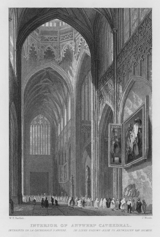 Interiør i Antwerpen katedral (gravering) av William Henry Bartlett