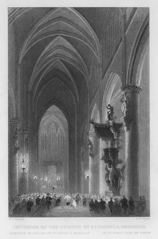 Interiør av St. Gudule-kirken, Brussel (gravering) av William Henry Bartlett