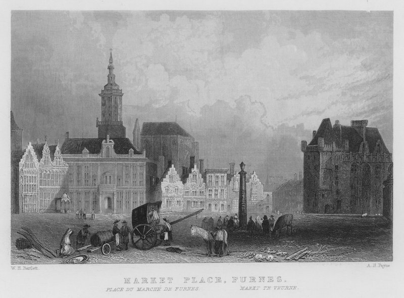 Market Place, Furnes (engraving) av William Henry Bartlett