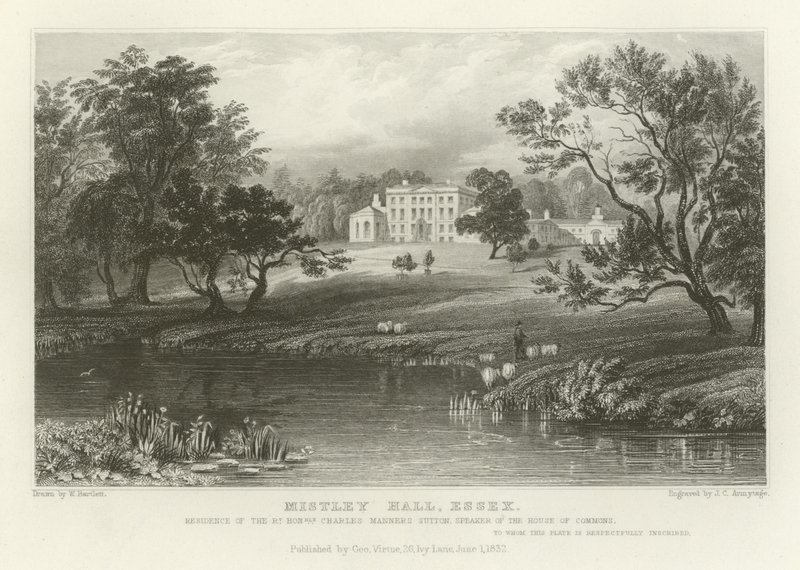 Mistley Hall, Essex, residens til høyre ærede Charles Manners Sutton, Speaker for Underhuset av William Henry Bartlett