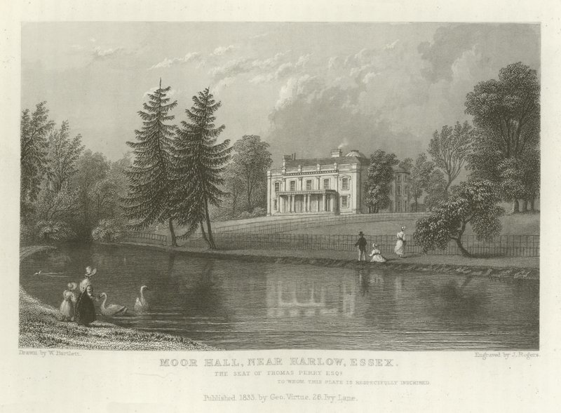 Moor Hall, nær Harlow, Essex, setet til Thomas Perry, Esquire av William Henry Bartlett