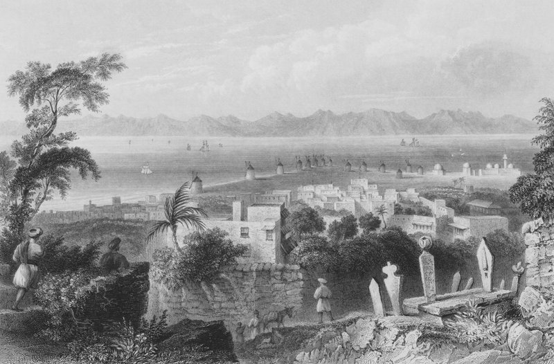Rhodos, de gamle Dodanim, med kanalen mellom øya og Lilleasia av William Henry Bartlett
