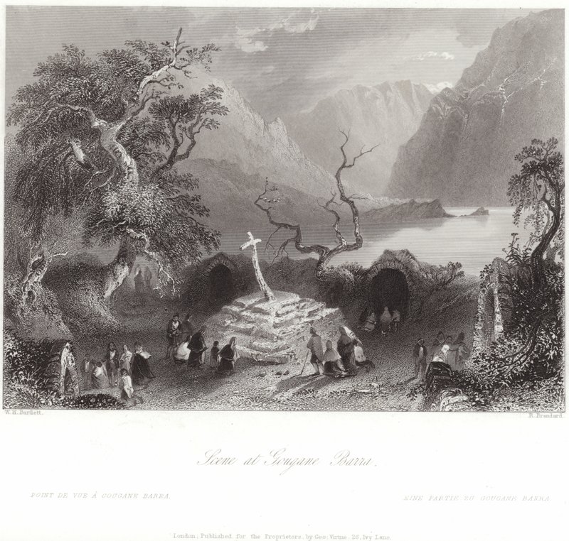 Scene ved Gougane Barra i County Cork av William Henry Bartlett