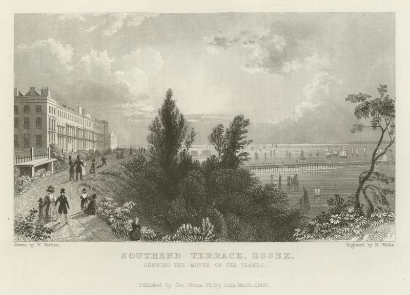 Southend Terrace, Essex, viser Themsens munning av William Henry Bartlett