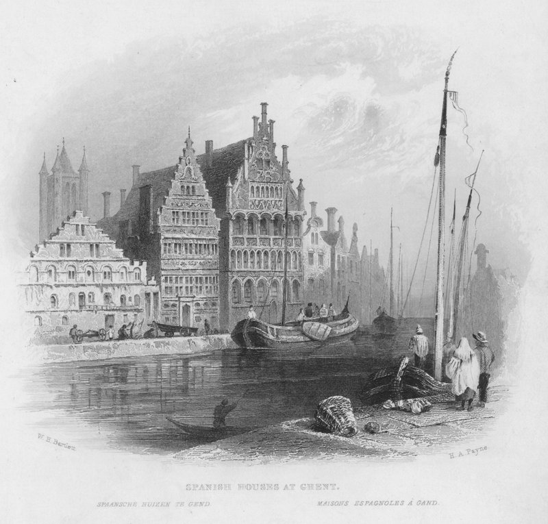 Spanske hus i Gent (gravering) av William Henry Bartlett