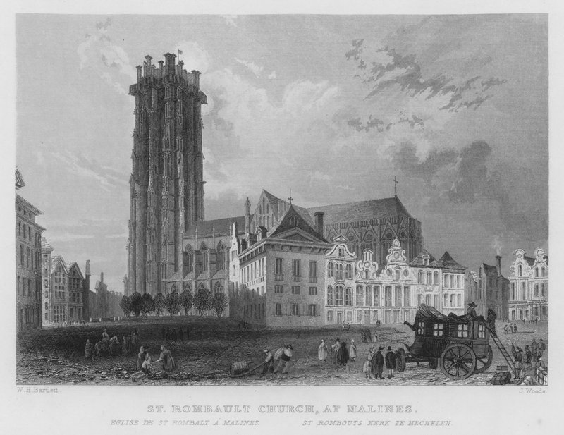 St Rombault Church, ved Malines (gravering) av William Henry Bartlett