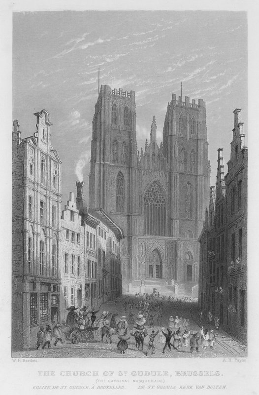 St Gudule-kirken, Brussel, Carnival Masquerade (gravering) av William Henry Bartlett