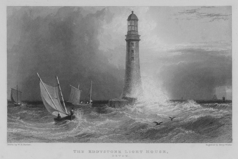 The Eddystone Light House, Devon (gravering) av William Henry Bartlett