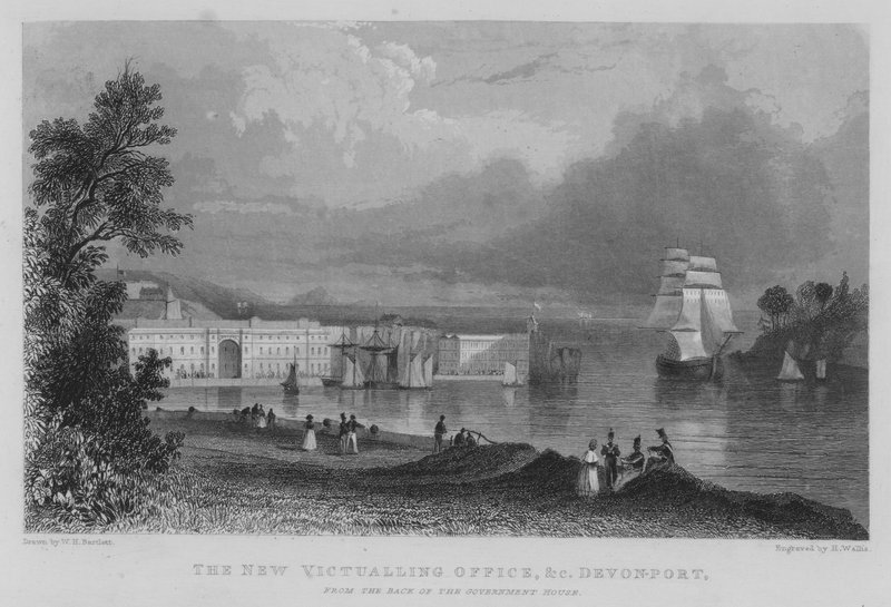 Det nye proviantkontoret, etc, Devonport, fra baksiden av regjeringshuset (gravering) av William Henry Bartlett