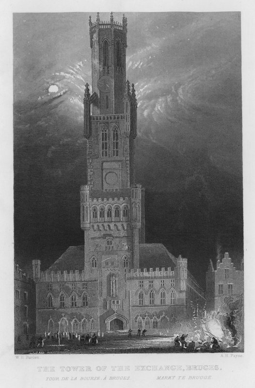 The Tower of the Exchange, Brugge (gravering) av William Henry Bartlett