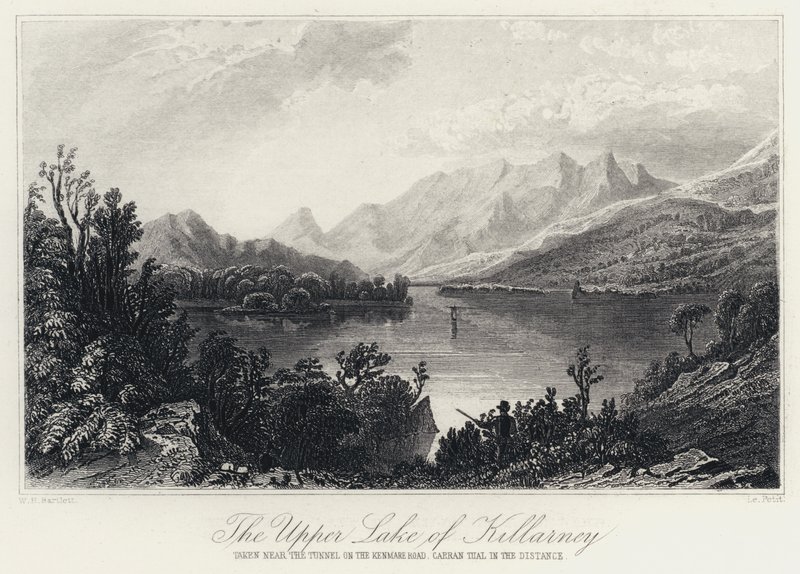 The Upper Lake of Killarney, tatt nær tunnelen på Kenmare Road, Carran Tual i det fjerne (gravering) av William Henry Bartlett