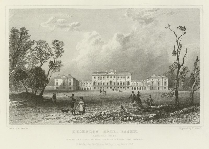 Thorndon Hall, Essex, fra nord, sete til Lord Petrie av William Henry Bartlett