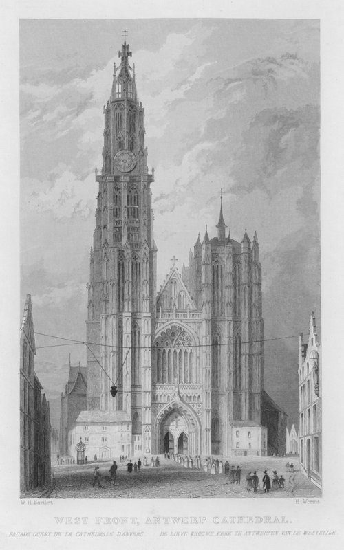 Vestfronten, Antwerpen katedral (gravering) av William Henry Bartlett