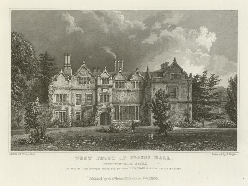 Vestfronten av Spanias Hall, Finchingfield, Essex, setet til John Ruggles Brice, Esquire av William Henry Bartlett