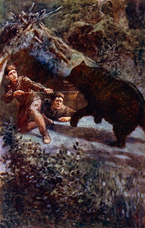 "Jeg stakk spydet av all min kraft inn i brystet til bjørnen" (farge litho) av William Henry Charles Groome