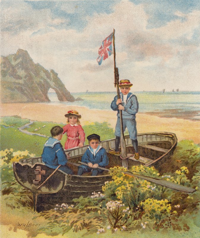 Barn som leker i en båt på stranden (chromolitho) av William Henry James (after) Boot