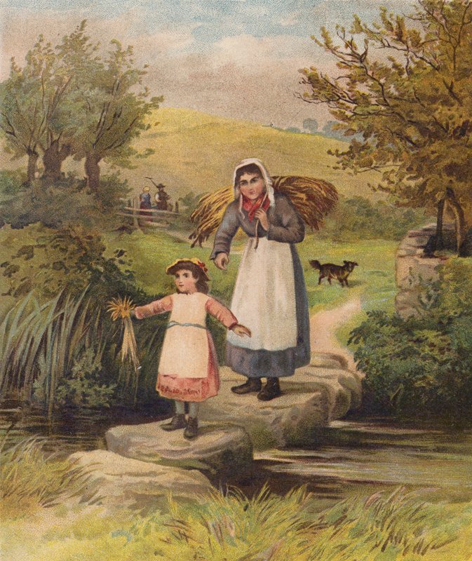 Kvinne og jente krysser en bekk over stepping stones (chromolitho) av William Henry James (after) Boot